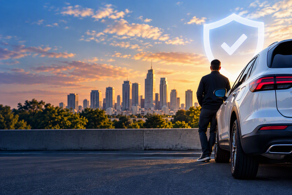 Vehicle with driver and protection shield representing off-rent vehicle coverage.